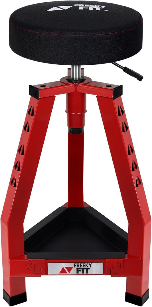 Adjustable Tall Shop Stool, Mechanic Garage Bar Stool Chair, Work Metal Chair for Workshop,360° Swivel Padded Seat, Tool Tray Storage, 350 LBS Capacity, Heavy Duty, Red