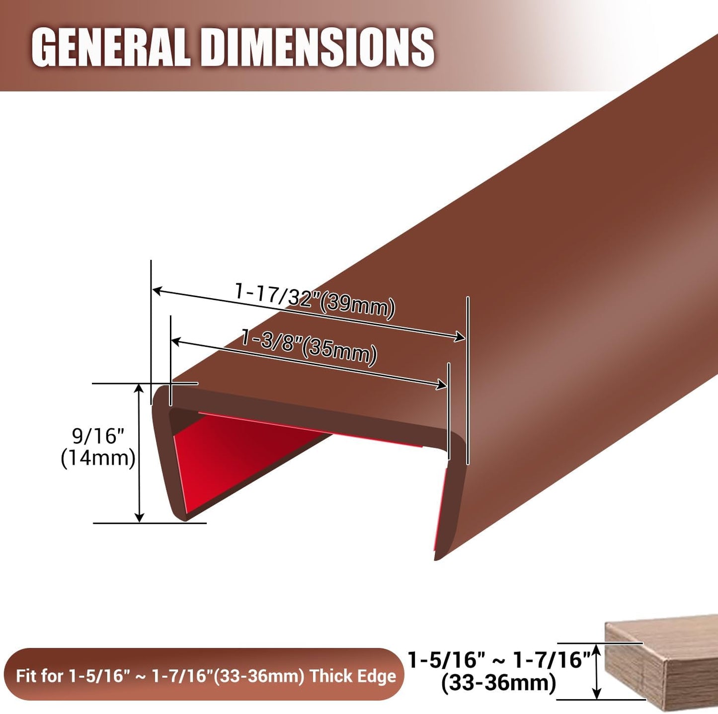 Rubber Edge Trim, Flexible Self Adhesive U Shaped Peel and Stick Edge Banding, 1-3/8"(35mm) U Channel Edge Protector for Door Sides, Edge Guards for Woods, Furniture, 20Ft, Brown Color