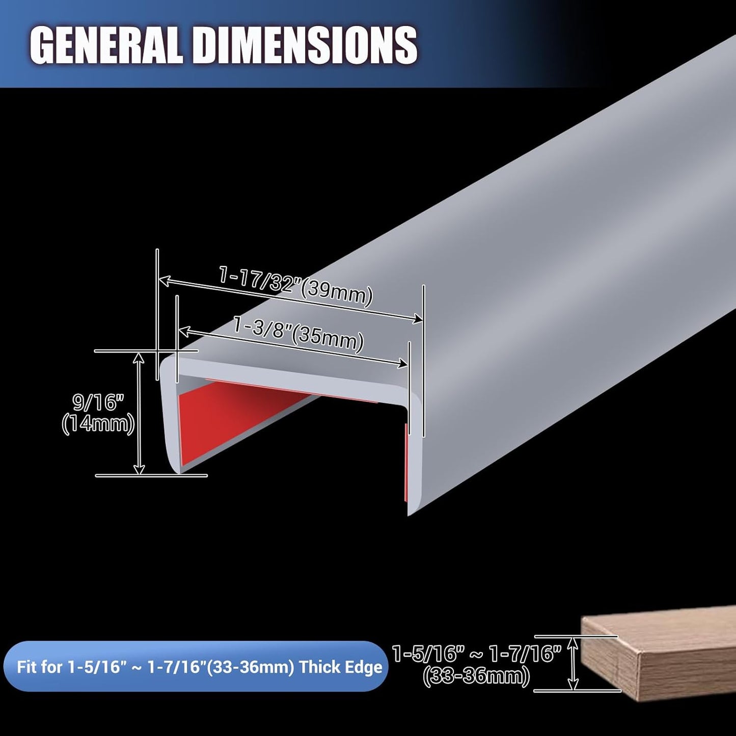 Rubber Edge Trim, Flexible Self Adhesive U Shaped Peel and Stick Edge Banding, 1-3/8"(35mm) U Channel Protector for Door Sides, Edge Guards for Woods, Furniture, 20Ft, Grey Color