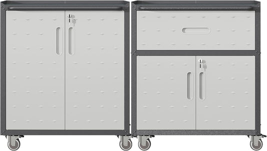 Metal Tool Cabinet,Garage Storage Cabinet System,Wall Cabinet & Locking Rolling Tool Cabinet with Doors and Adjustable Shelves,Steel Tool Cabinets for Home,Office (2 Pcs-StyleB, Black & Grey)