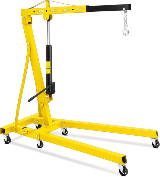 2 Ton Engine Hoist, Hydraulic Cherry Picker Engine Hoist Lift, 4400LBS Heavy Duty Crane Lifter with 6 Casters and Telescopic Boom, Foldable & Portable Design, for Garage, Workshop, Warehouse (Yellow)