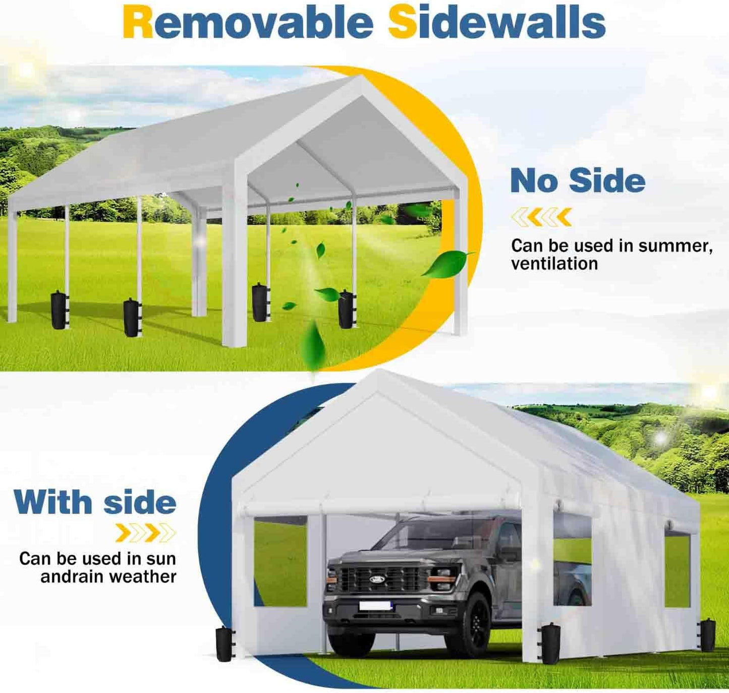 JAMFLY 12x20 ft Heavy Duty Carport with Roll-up Windows & Removable Sidewalls & Doors – Portable Garage Canopy with All-Season Tarp, Sandbags for Car, Truck, Boat, Motorcycle, White