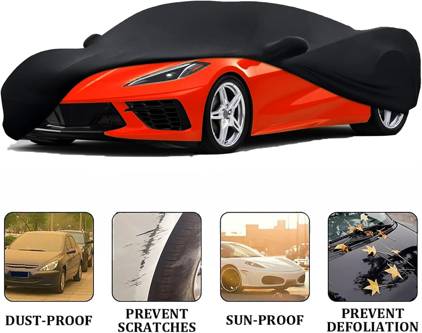 Fit Full Car Cover Dust-Proof Protection Compatible with Chevrolet Corvette C4 C5 C6 C7 1980–2025, Indoor Breathable Car Cover for Dust-Proof, Underground Garage, Car Show(Black)