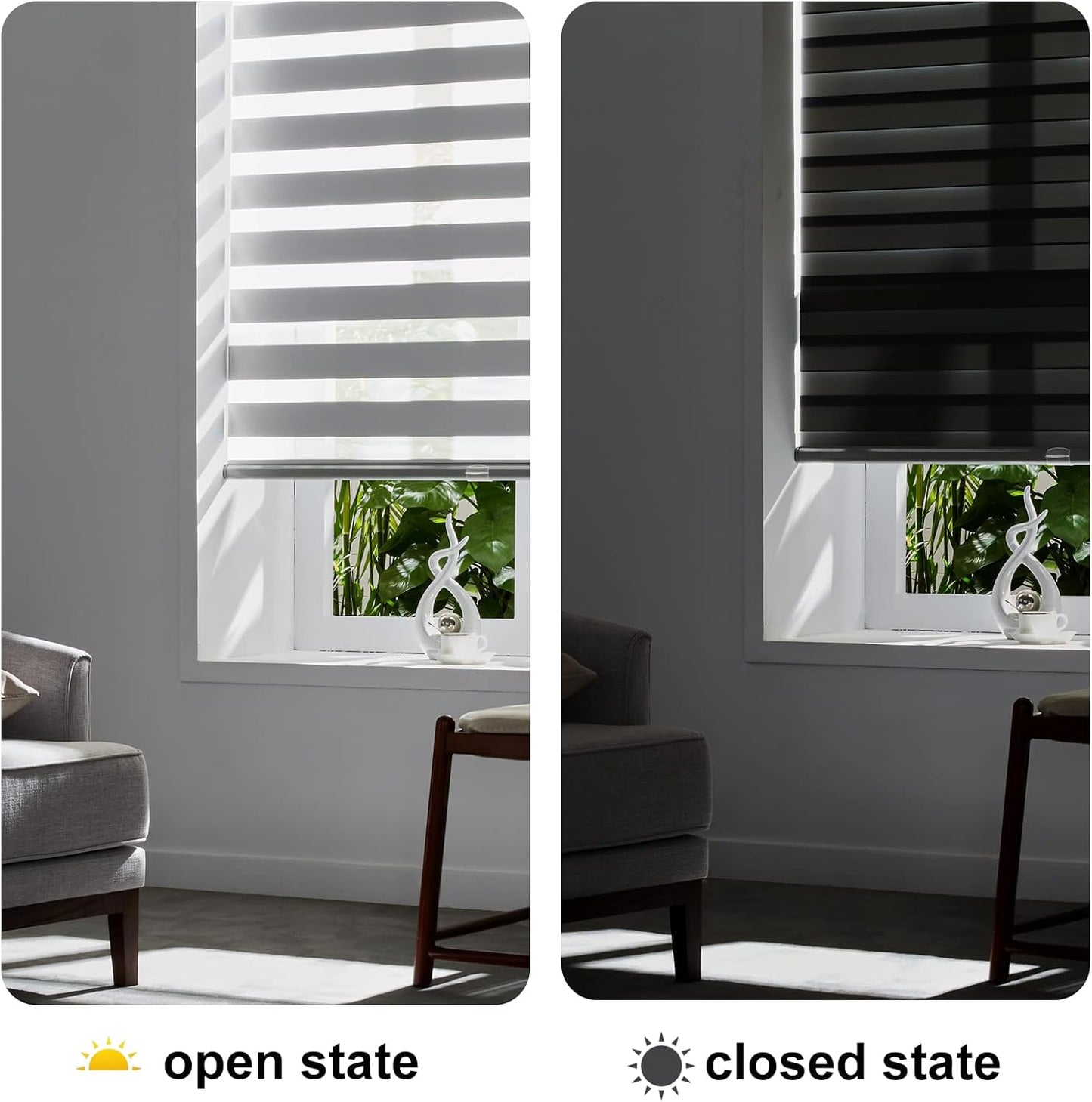 Persilux Cordless Zebra Blinds for Windows (31" W X 64" H, Grey) Free-Stop Roller Windows Shades Dual Layer Light Control for Day and Night, Light Filtering Sheer Shades for Home
