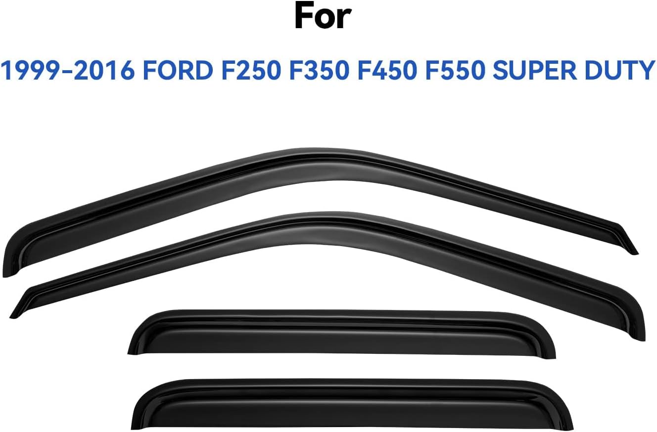 Window Visors Rain Guards for 1999-2016 Ford F250 F350 F450 F550 Super Duty, Out-Channel Window Vent Wind Deflectors Visors Shades for 99-16 F-250 F-350 F-450 F-550 SuperCrew Cab
