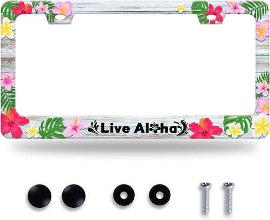 Aloha License Plate Frame Beautiful Hibiscus Flower License Plate Stainless Steel Funny License Plate Holder Hawaii Car Accessories Decoration with Screws Fits Standard Vehicles Size 12.3" x 6.3"