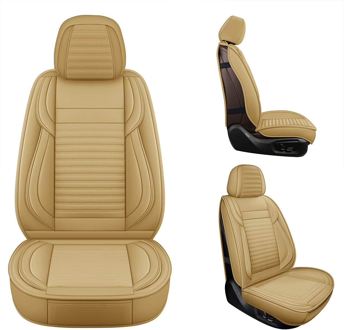 LINGVIDO Car Seat Covers, Breathable and Waterproof Faux Leather Automotive Seat Covers for Cars SUV Truck Sedan,Universal Driver Seat Cover with Backrest (Front Seat, Beige)