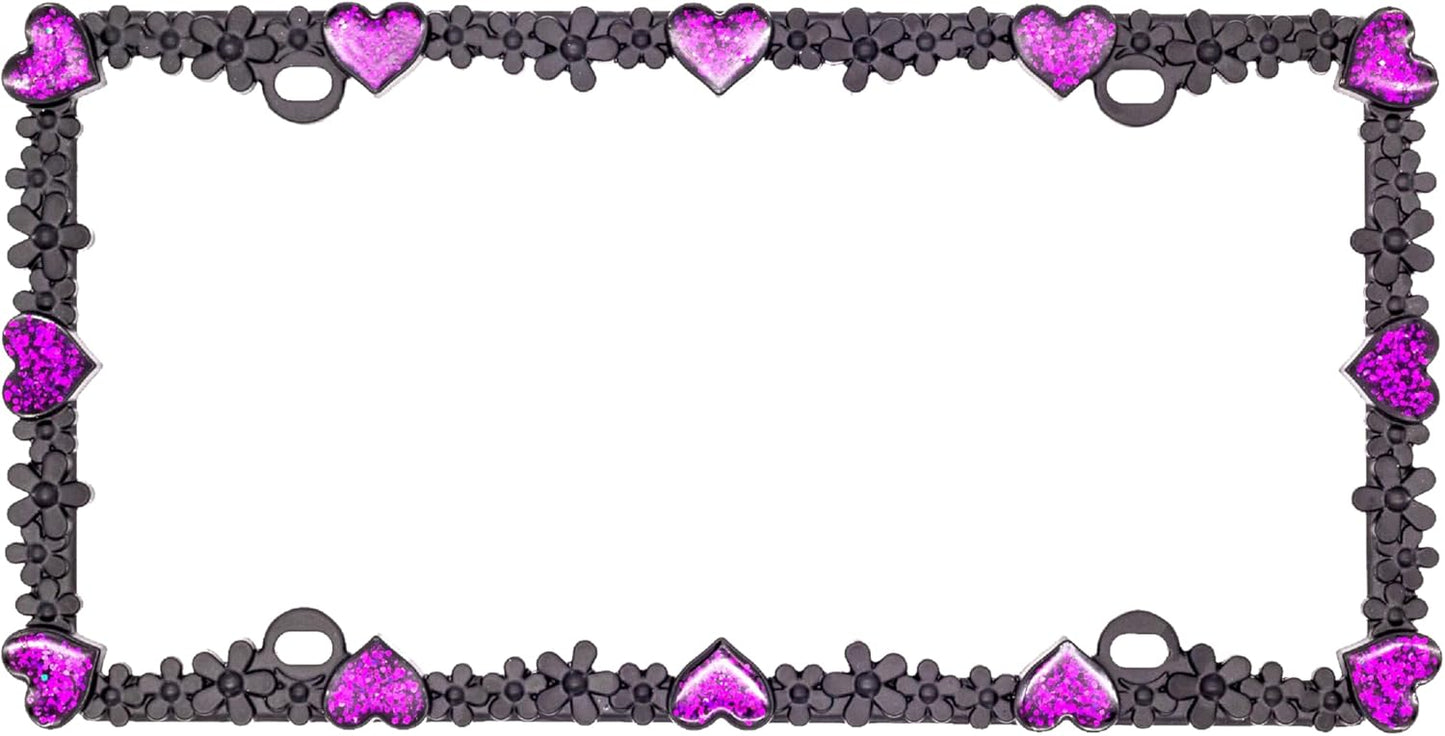 Creathome 3D Shining Daisy Heart License Plate Frame from Pure Zinc Alloy Metal Perfect Plate Holder, Matt Black with Purple Glitter, Luminously Heart