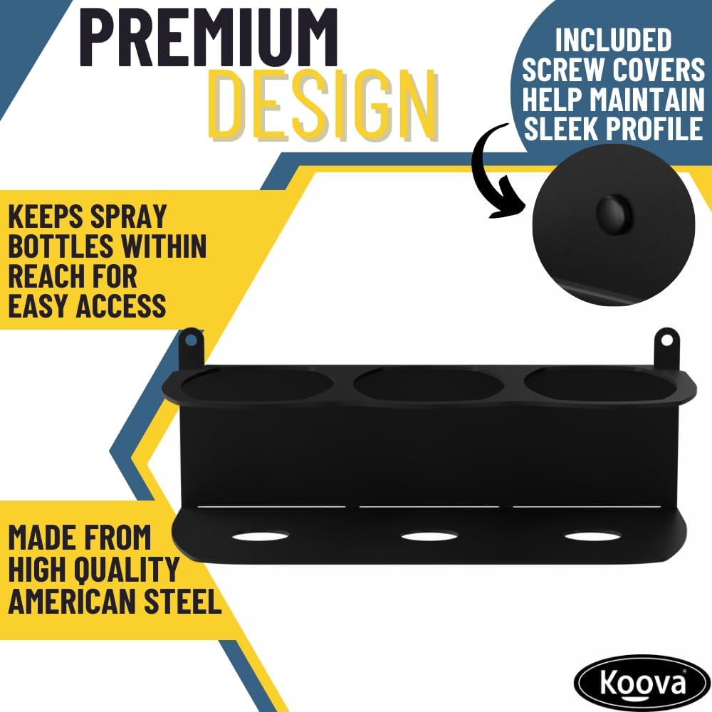 Koova Spray Bottle Holder Heavy Duty- Wall Mount Storage Rack for 3 Spray Bottles, Utility Shelf with Included Hardware - Made in USA, Sturdy Metal Organizer for Efficient Kitchen and Garage Storage