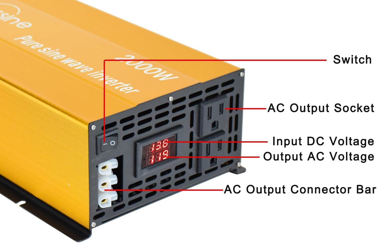 2000W Pure Sine Wave Inverter-36V DC to 110V 120V AC Power Converter with 2 AC Outlets, 36 Volt Power Inverter for Truck, Rv, Camping, Home, Emergency Power