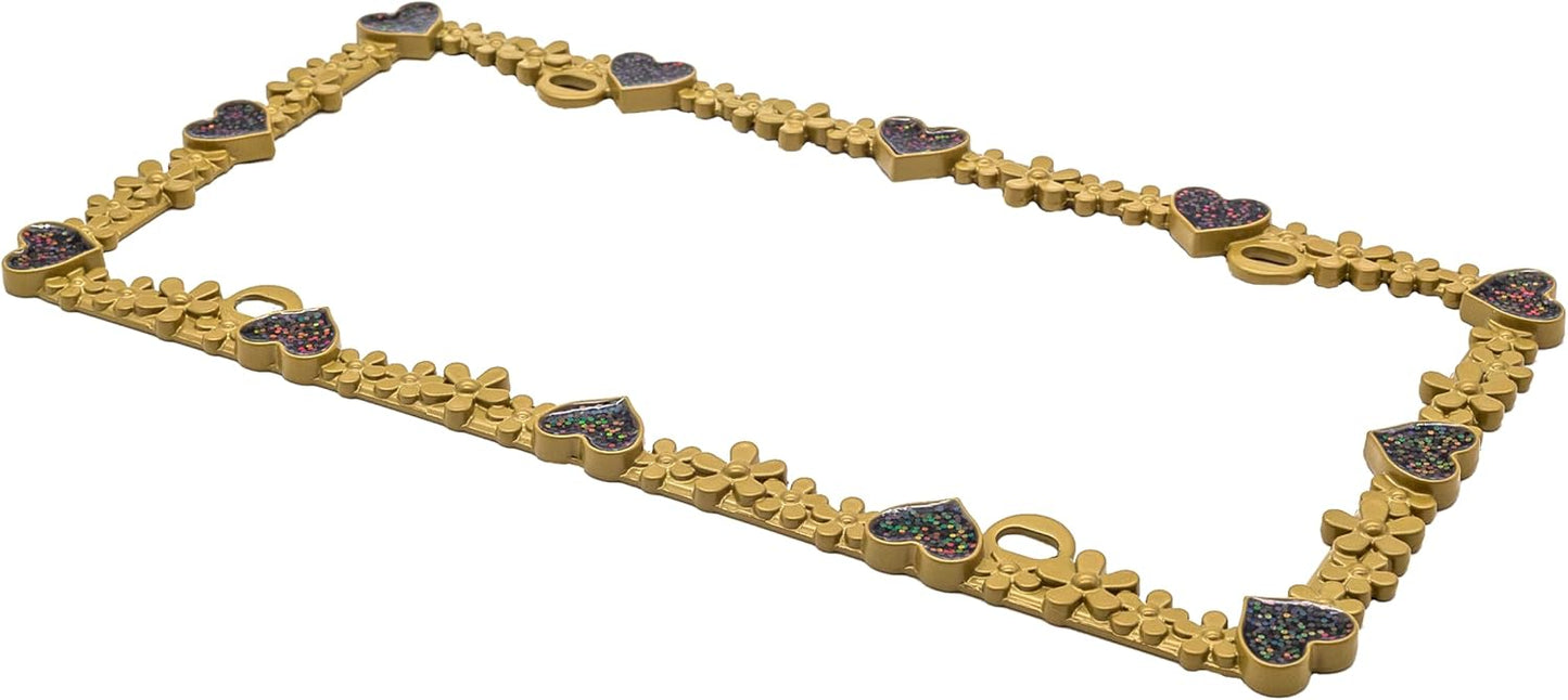 Creathome 3D Shining Daisy Heart License Plate Frame from Pure Zinc Alloy Metal Perfect Plate Holder, Matt Gold with Black Glitter, Luminously Heart