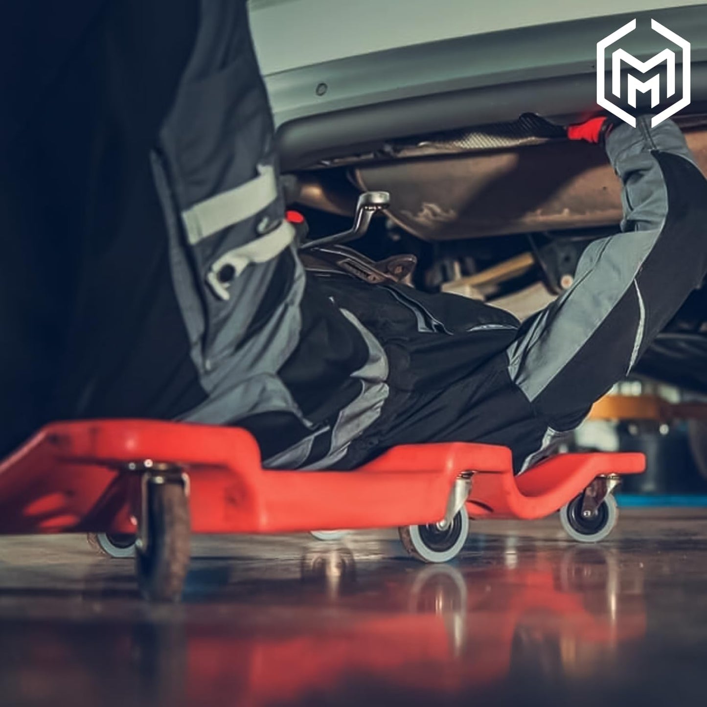 M-AUTO Plastic Rolling Garage Creeper with Padded Headrest 36" Light Weight Automotive Creeper Mechanic Cart with Dual Tool Trays and Noiseless Casters, Red