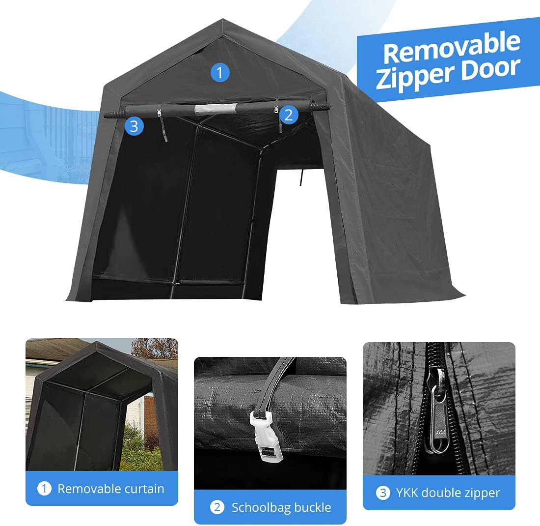 ADVANCE OUTDOOR 8x14 ft Steel Metal Peak Roof Portable Garage Shelter Storage Shed Carport for Motorcycle, Bike or Garden Tools with 2 Roll up Doors & Vents, Gray