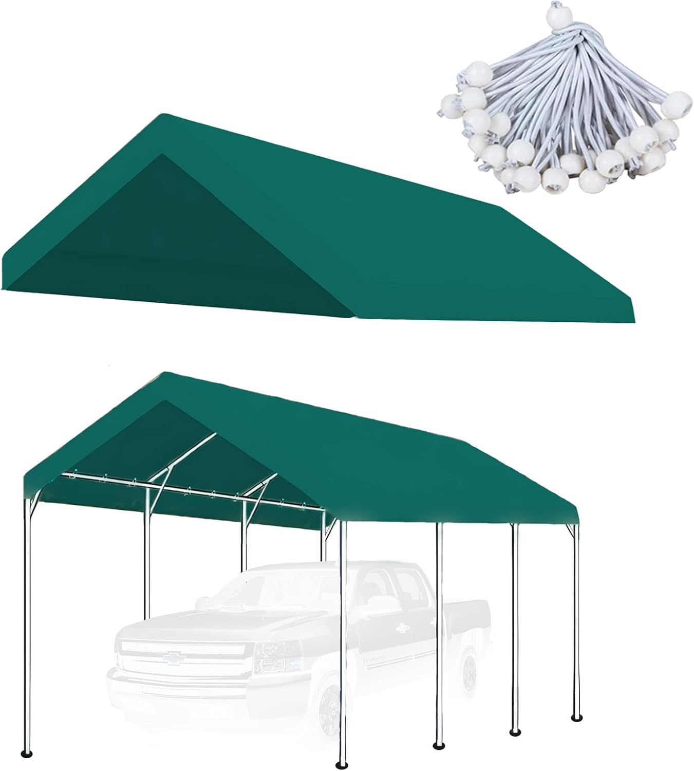 10'x20' Carport Replacement Top Canopy Cover for Car Garage Top Tarp Shelter, Waterproof Car Cover Tent for Party Garden Boat with Ball Bungees (Frame is not Included) (Greem, 10' x 20')