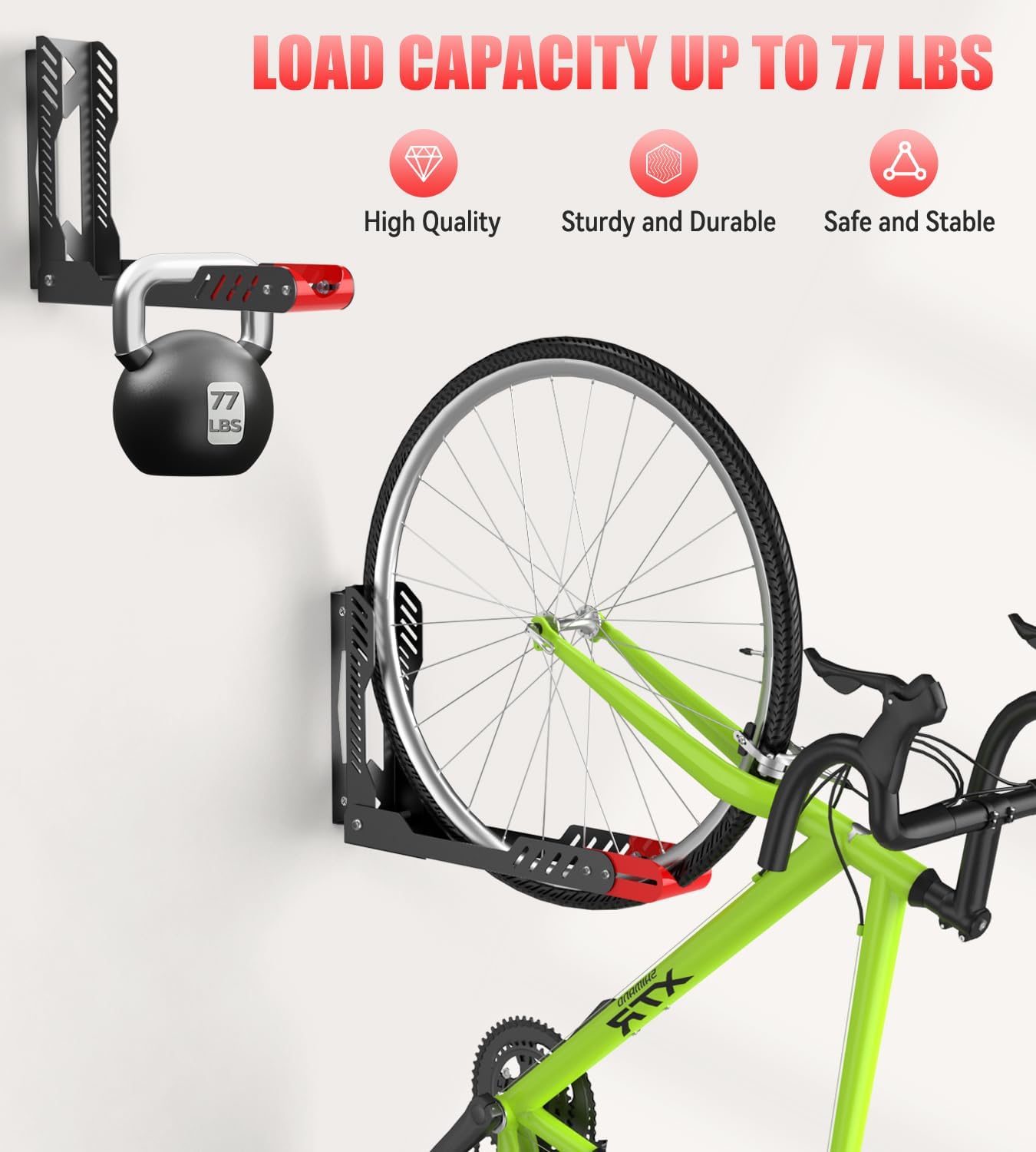 Bike Wall Mount 2 Pack Swivel Bike Rack for Garage, No Heavy Lifting Required Wall Bike Hangers Can Holds up to 77 lbs, Red