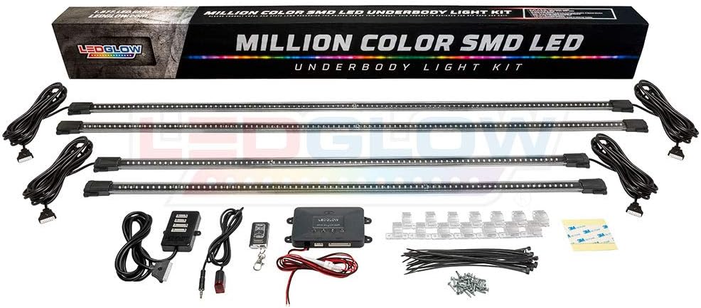 LEDGlow 4pc Million Color Multi-Color LED Underbody Underglow Accent Lighting Kit for Cars - 18 Solid Colors - 12 Unique Patterns - Music Mode - Water Resistant Tubes - Includes Control Box & Remote