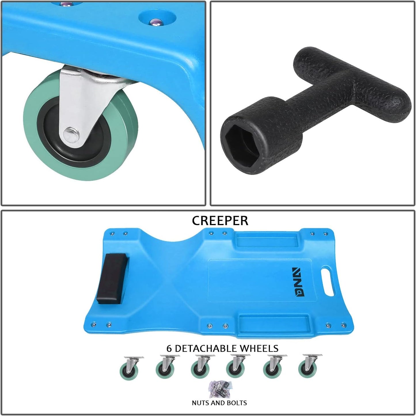 DNA MOTORING 40Inch Low Profile Plastic Rolling Garage Shop Creeper with Padded Headrest,Tool Trays & 6pcs Casters,Blue, TOOLS-00217