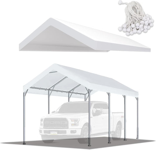 10' x20' Upgraded Carport Replacement Canopy Cover for Car Garage Shelter Party Tent with Ball Bungees White (Only Top Cover, Frame is not Included)