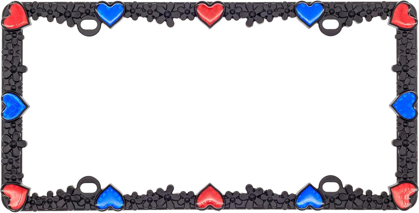 Creathome 3D Daisy Heart License Plate Frame from Pure Zinc Alloy Metal Perfect Plate Holder, Matt Black Daisy with Red and Blue Reflective Heart