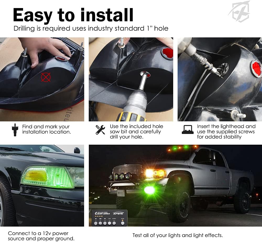 Xprite Amber Green LED Hideaway Strobe Lights Kit 20 Flashing Patterns w/Control Panel Headlights Taillights Fog Light Mounting, for Roadside Emergency Vehicles Trucks SUV Vans Cars 8 PCs