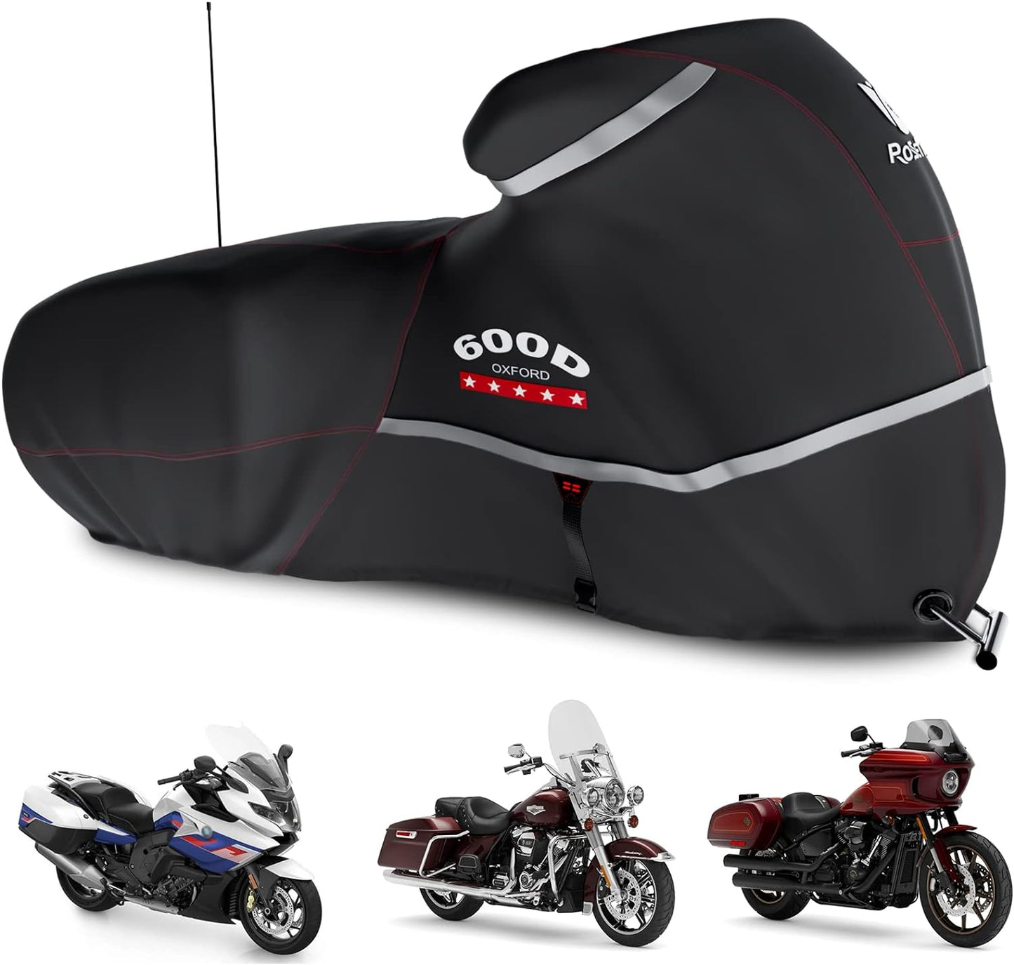 Rosefray Motorcycle Cover 600D Waterproof for Touring Models Harley Davidson Road King,Road Glide,Street Glide, Electra Glide,Low Rider-ST Indoor & Outdoor Storage Black