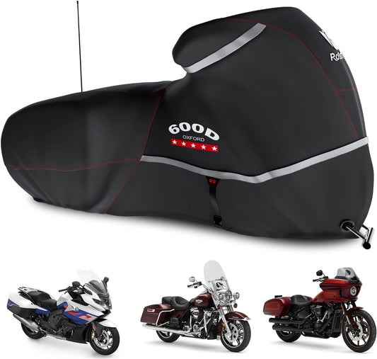 Rosefray Motorcycle Cover 600D Waterproof for Touring Models Harley Davidson Road King,Road Glide,Street Glide, Electra Glide,Low Rider-ST Indoor & Outdoor Storage Black