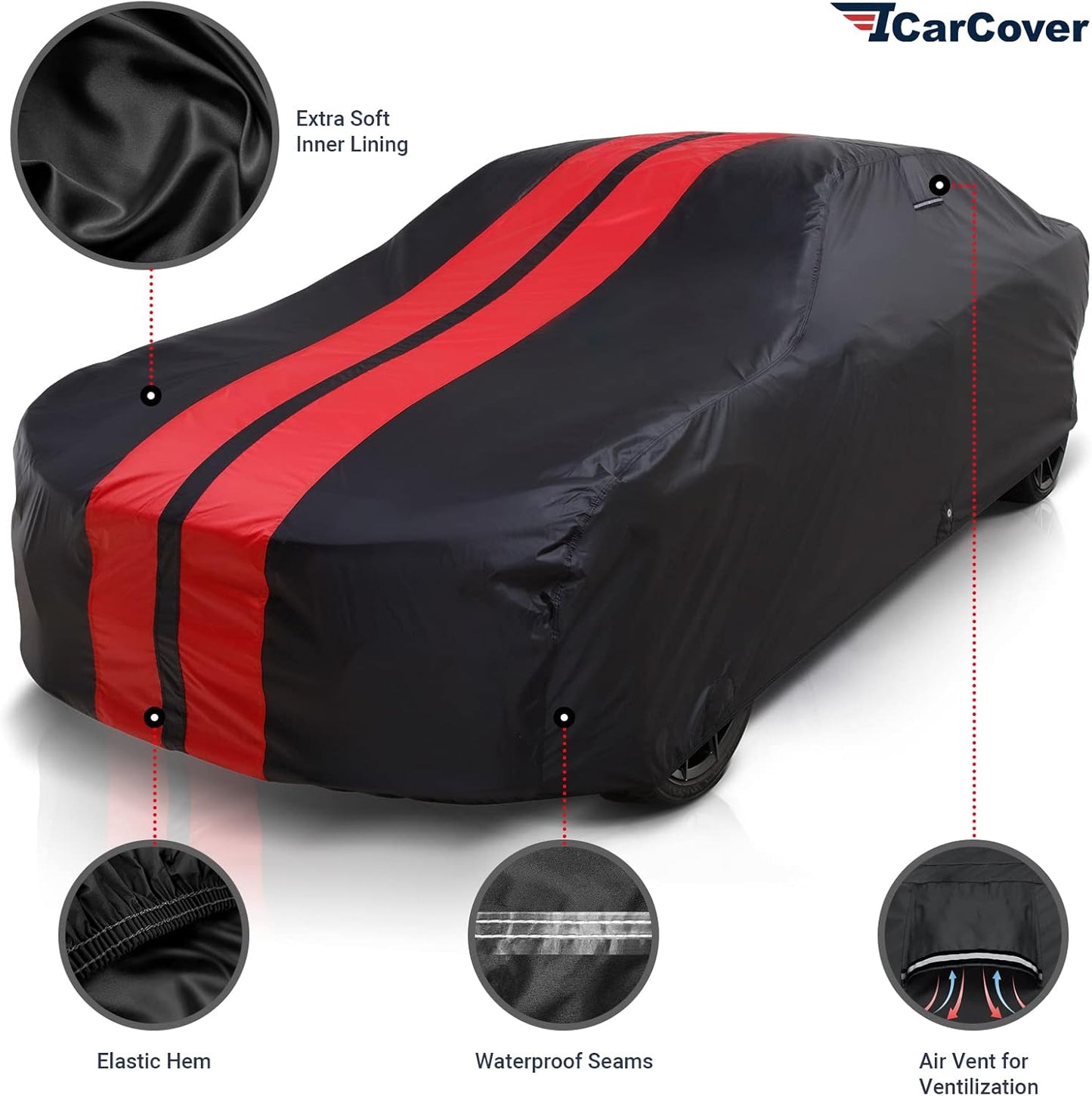 iCarCover Custom Car Cover for 1974-1978 Ford Mustang Waterproof All Weather Rain Snow UV Sun Protector Full Exterior Indoor Outdoor Car Cover (Stripe - Black/Red)