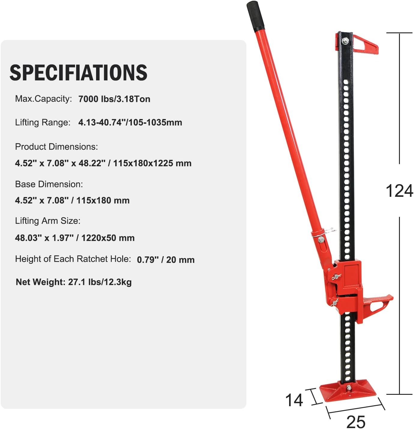 Multi-Functional Lift Jack, Farm Jack Heavy Duty Off Road, for Tractor, Truck, SUV, ATV, UTV, Off Road Accessories, Durable 3 Ton with Wide Base & Ratcheting Mechanism