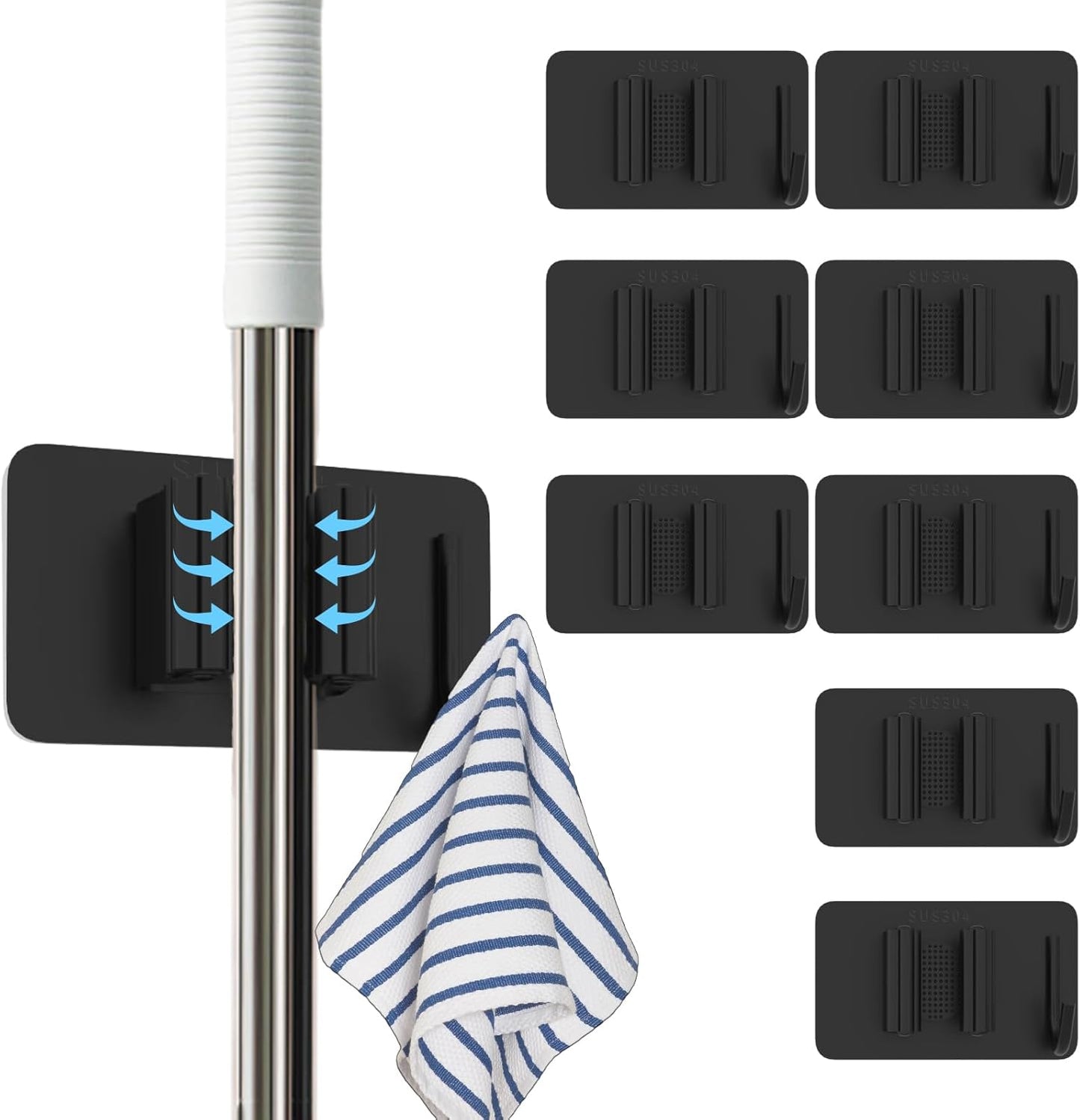 8 Pack Stainless Steel Mop Clips – Heavy Duty Wall Mounted Broom Holders, Rustproof & Tool-Free Install with Back Adhesive or Glue for Home and Garage