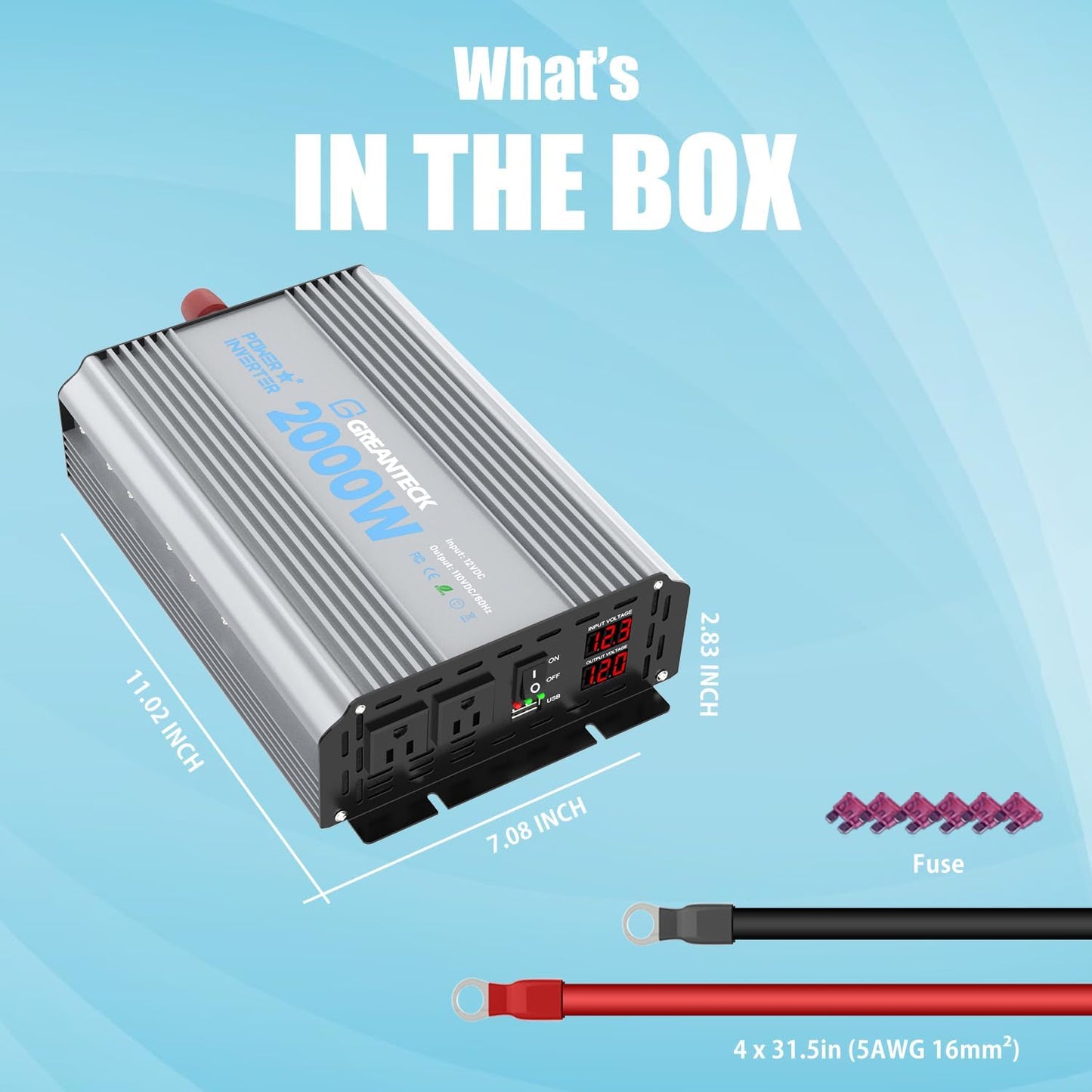 2000 Watt Power Inverter Modified Sine Wave, DC 12V to AC 110V 120V Converter with Dual Sockets, USB Port, LED Display for RV Truck Boat Solar Car Emergency Off Grid