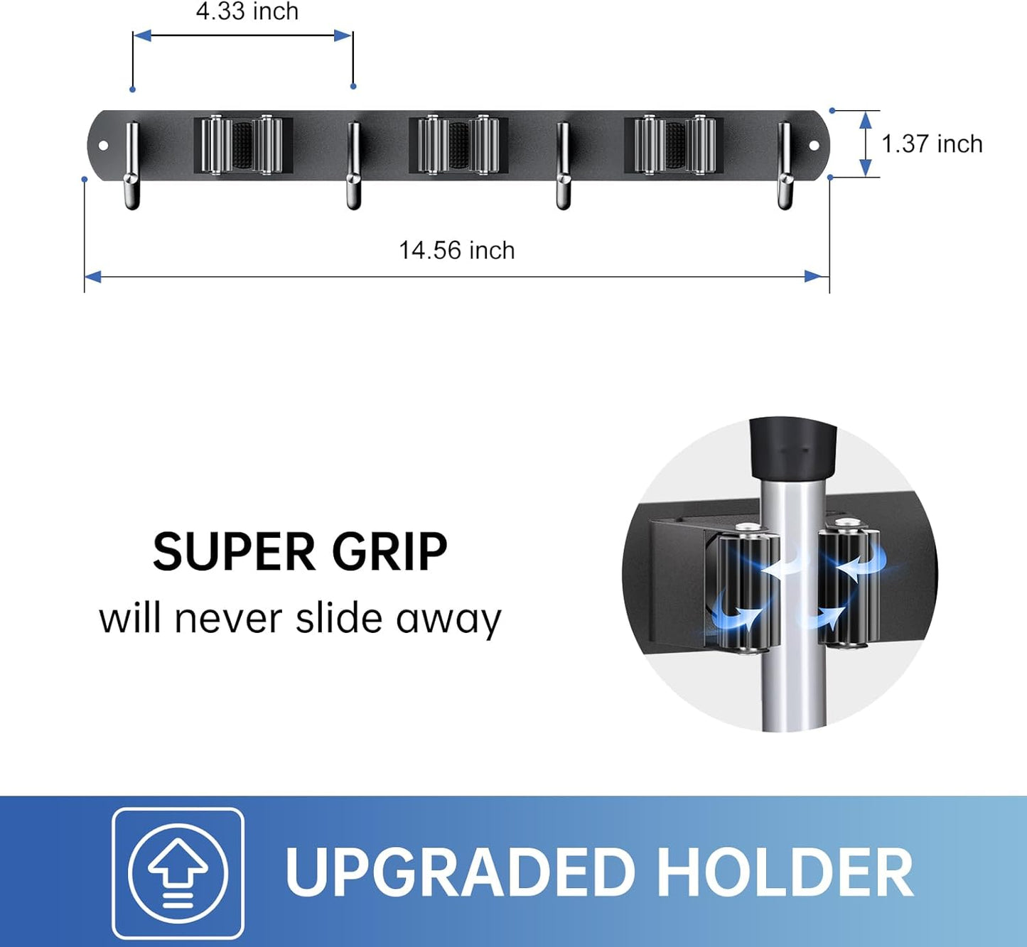 ZONGOOL 2 Pack Mop Broom Holder Wall Mount, Broom Organizer Storage Tool Racks Stainless Steel Self Adhesive Heavy Duty Hooks for Home Kitchen Garden (3 Racks with 4 Hooks, Black)