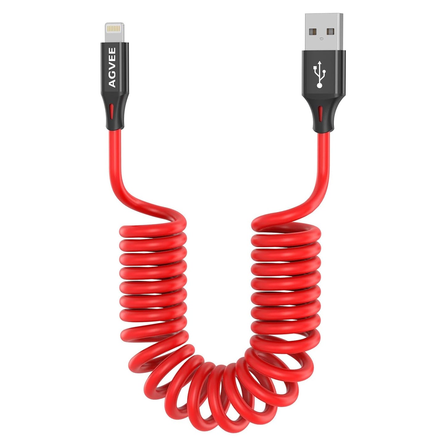 AGVEE 2 Pack 5ft Coiled Short USB to Lightning Charging Cable [MFI Certified] 3A Fast Charger Cord in Car for iPhone 14/13/12/11/XS/8/7/6/5 CarPlay, iPad, iPod, Red