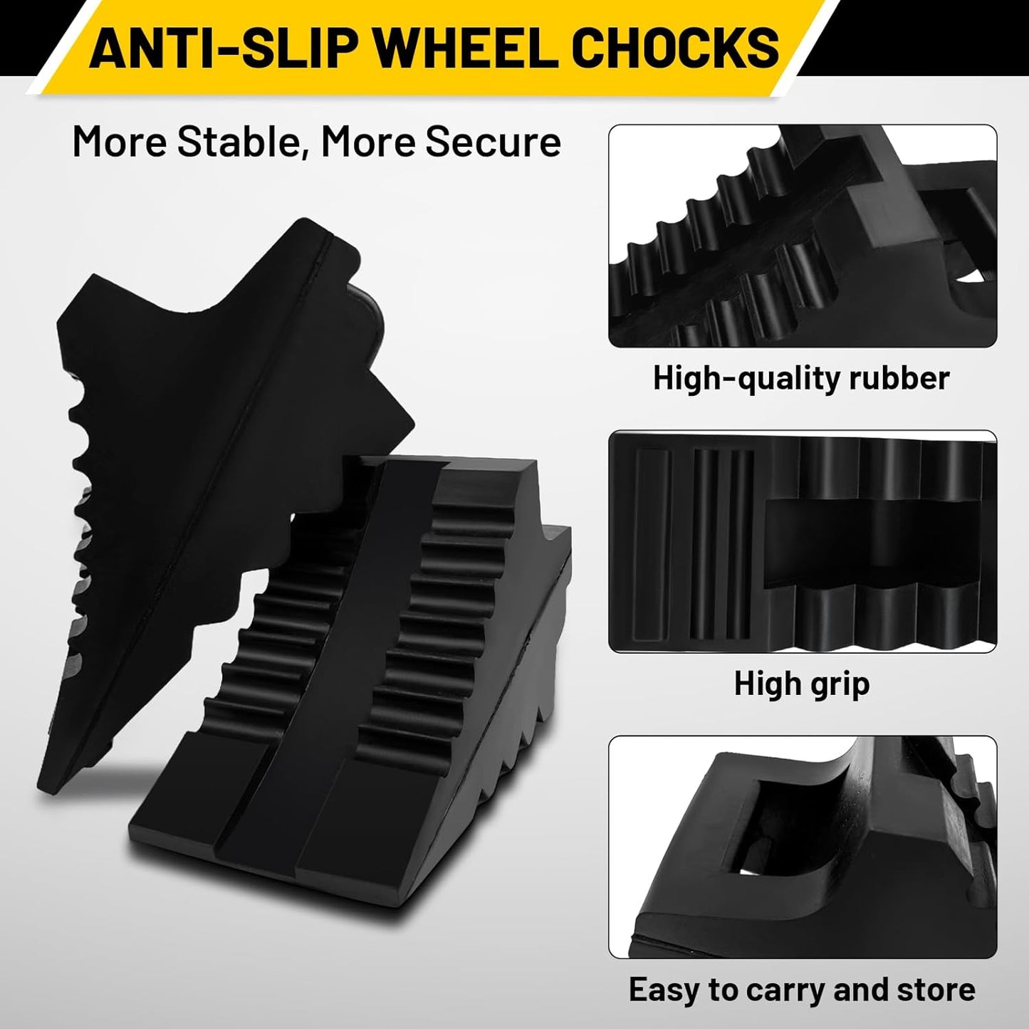 ROBLOCK Solid Rubber Wheel Chocks Heavy Duty Trailer Chock, G.V.W. Up to 8T, 4 Pack Black, 8.6" L x 3.7 W x 4.7" H for Car, Travel Trailers, RV, Truck, and ATV, for All Weather Use