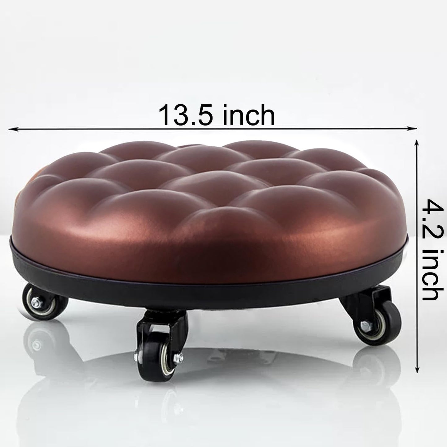 Low Roller Seat 13’’, Brown Swivel Rolling Stool with 5 Rolling Caster Wheels, PU Leather Low Seat Tool Heavy Duty for Home and Office, Modern Comfortable Wheel Stool Chair Low Height, 1Pcs