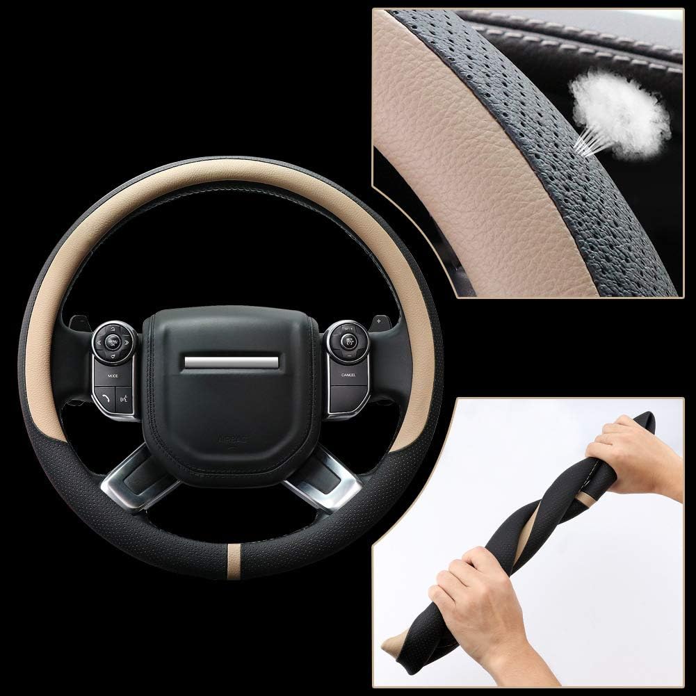 COFIT Breathable Car Steering Wheel Cover 16 inch Auto Universal Leather Wrap Non-Slip Steeringwheel Protector Automotive Interior Accessories, Beige (Suit for 15.5-16 inch)