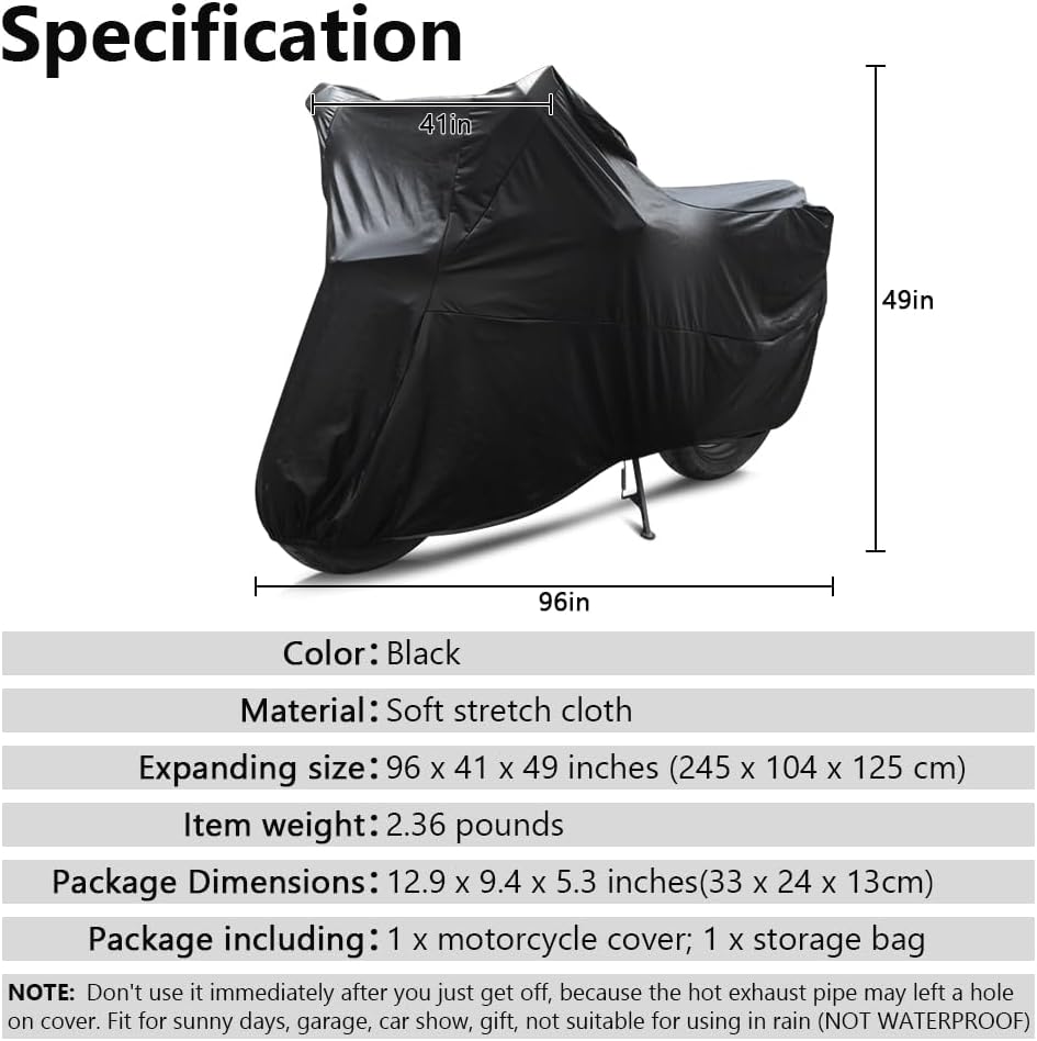 Motorcycle Cover Soft Stretch Waterproof Motor Cover Dustproof Durable Motorbike Cover for Indoor and Outdoor, 96 inches