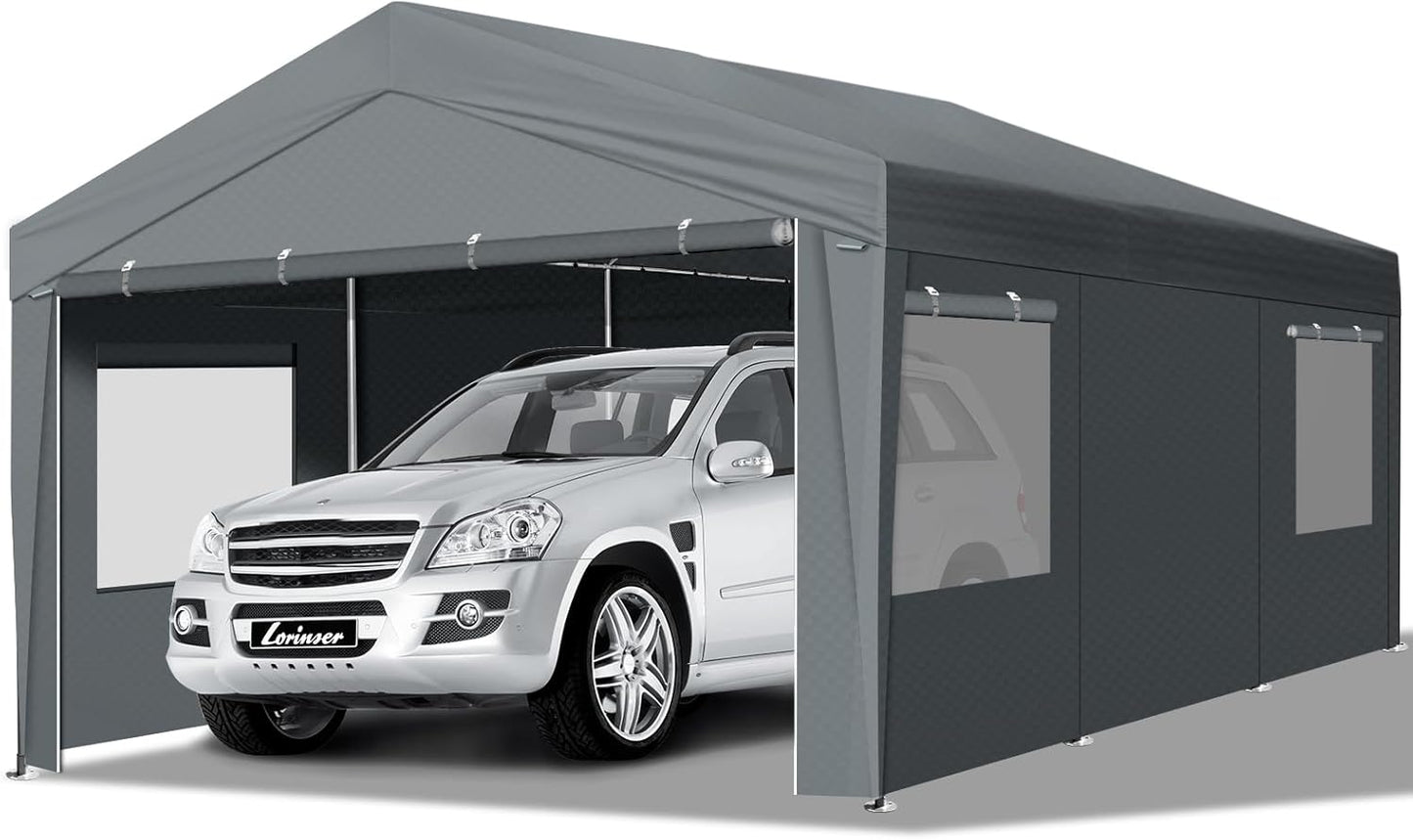 VINGLI 12x20 Carport Canopy Portable Garage with Roll-up Windows & Removable Sidewalls, Car Canopy Heavy Duty Car Tent for SUV, Boats, RVs, Trucks (with Sidewalls)