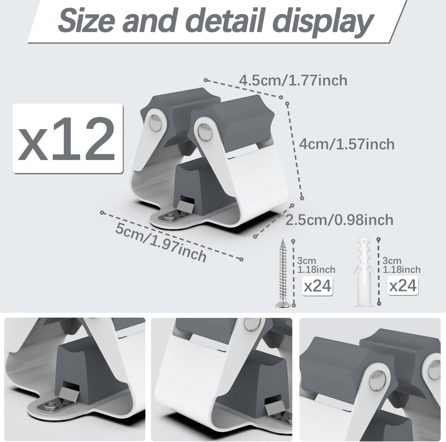 3-H Broom Holder Wall Mount 12 Pack, Mop and Broom Holder Wall Mount for Hanging and Organizing Shovel,Rake,Brush,Yard Tools in Laundry Room Garden Garage (grey)