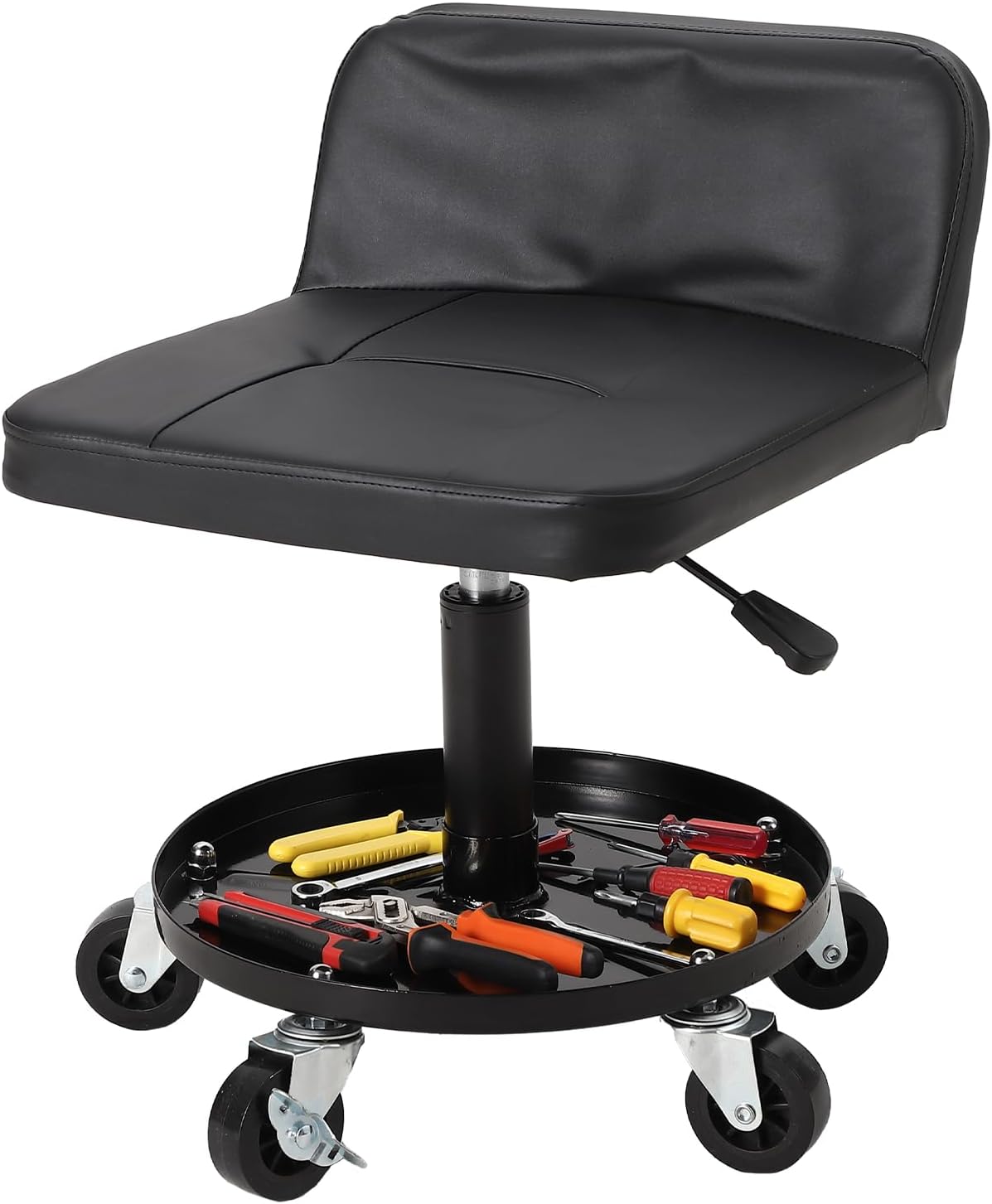 Garage Stool, 16”-21” Adjustable Rolling Mechanic Stool with Universal Wheels, Removable Magnetic Tool Tray, 300LBS Capacity, Roller Creeper Seat, Shop Chair