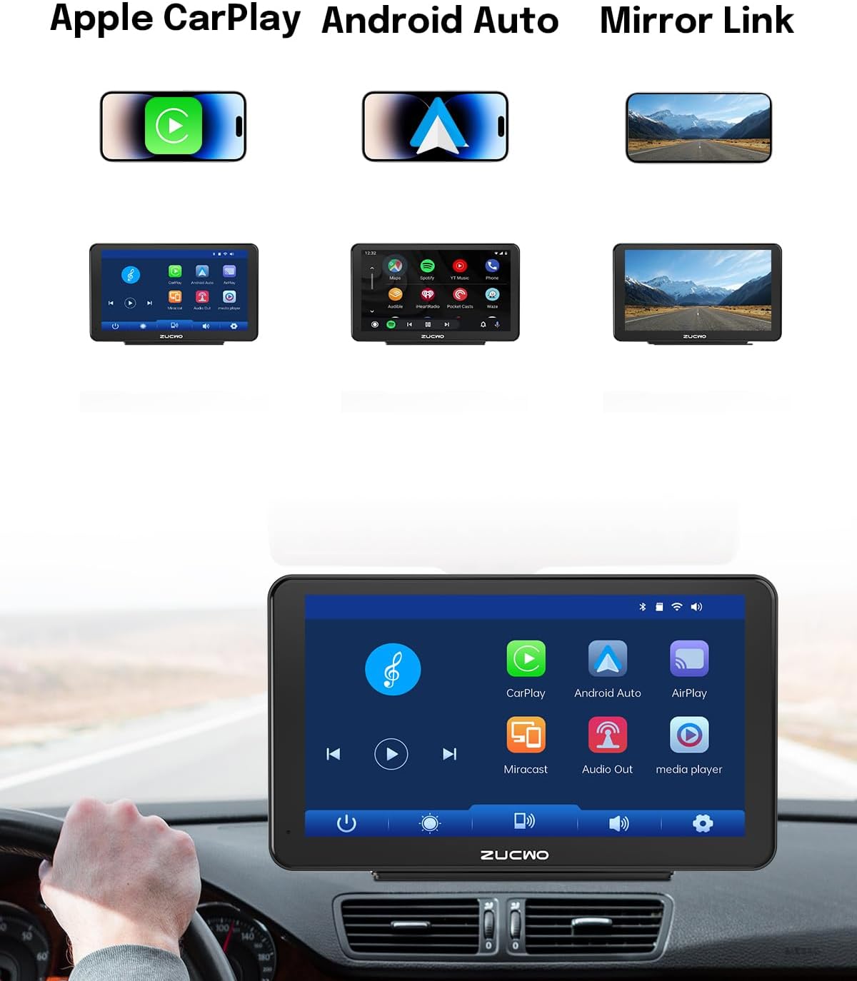 7 Inch Wireless CarPlay Screen for Car, Portable Car Stereo Touch Screen for Apple CarPlay & Android Auto with Backup Camera, Voice Control, BT Music, Navigation, Siri, AUX (Black)