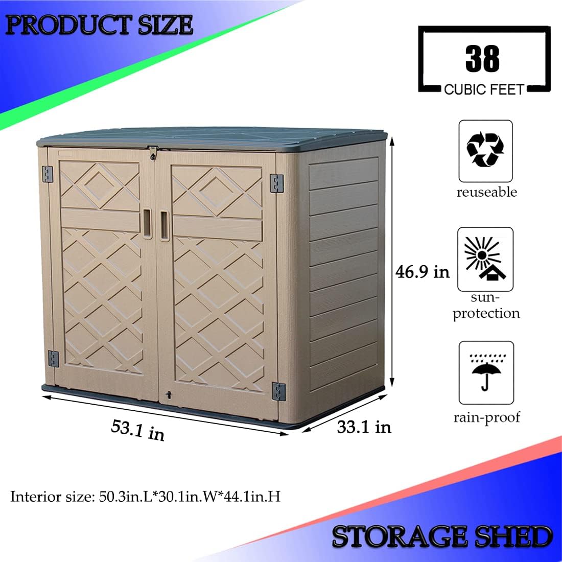 Large Horizontal Storage Sheds,38 cu.ft Resin Garden Shed Weather Resistance,Outdoor Storage Box Lockable for Patio,Backyard,Garden,Home(Brown)