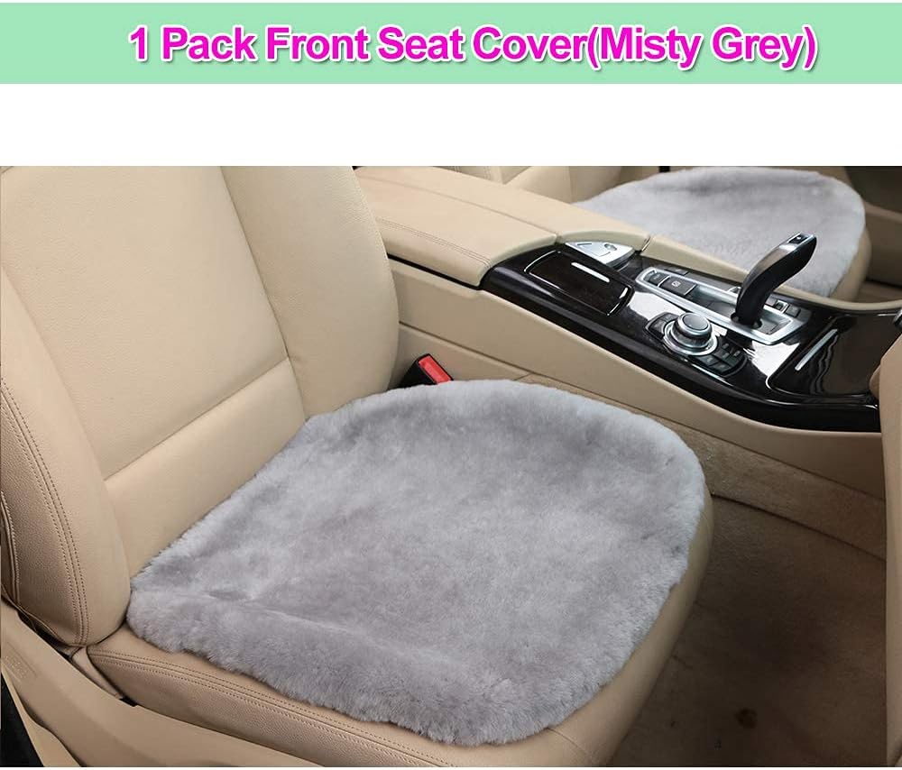 20 inchs Fluffy Shearling Sheepskin Car Seat Cover for Auto Interior Accessories with Soft Fuzzy Wool Eco-Friendly Natural Fur Non-Slip (Misty Gray, Front)