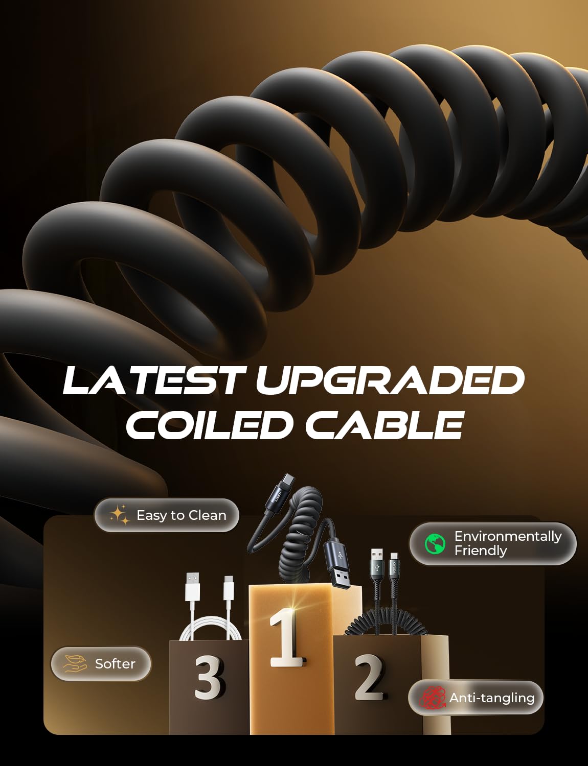 LISEN Coiled USB C Cable, 2 Pack for Android Auto & CarPlay Cable, 4FT Short USB A to USB C Cable Compatible with iPhone 16/15, Samsung Galaxy S25/S24/S23 A15/A14, Google Pixel 9/8, Moto, TCL-Black