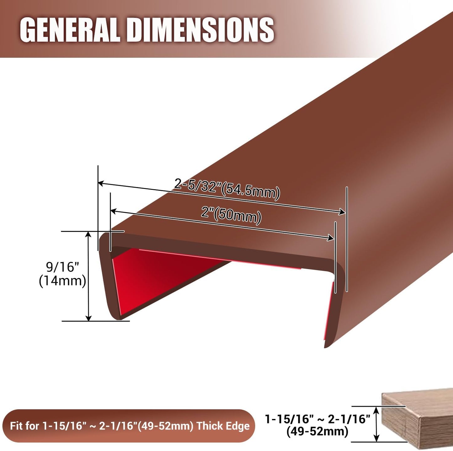 Rubber Edge Trim, Flexible Self Adhesive U Shaped Peel and Stick Edge Banding, 2"(50.8mm) U Channel Edge Protector, Edge Guards for Woods, Furniture, 20Ft, Brown Color