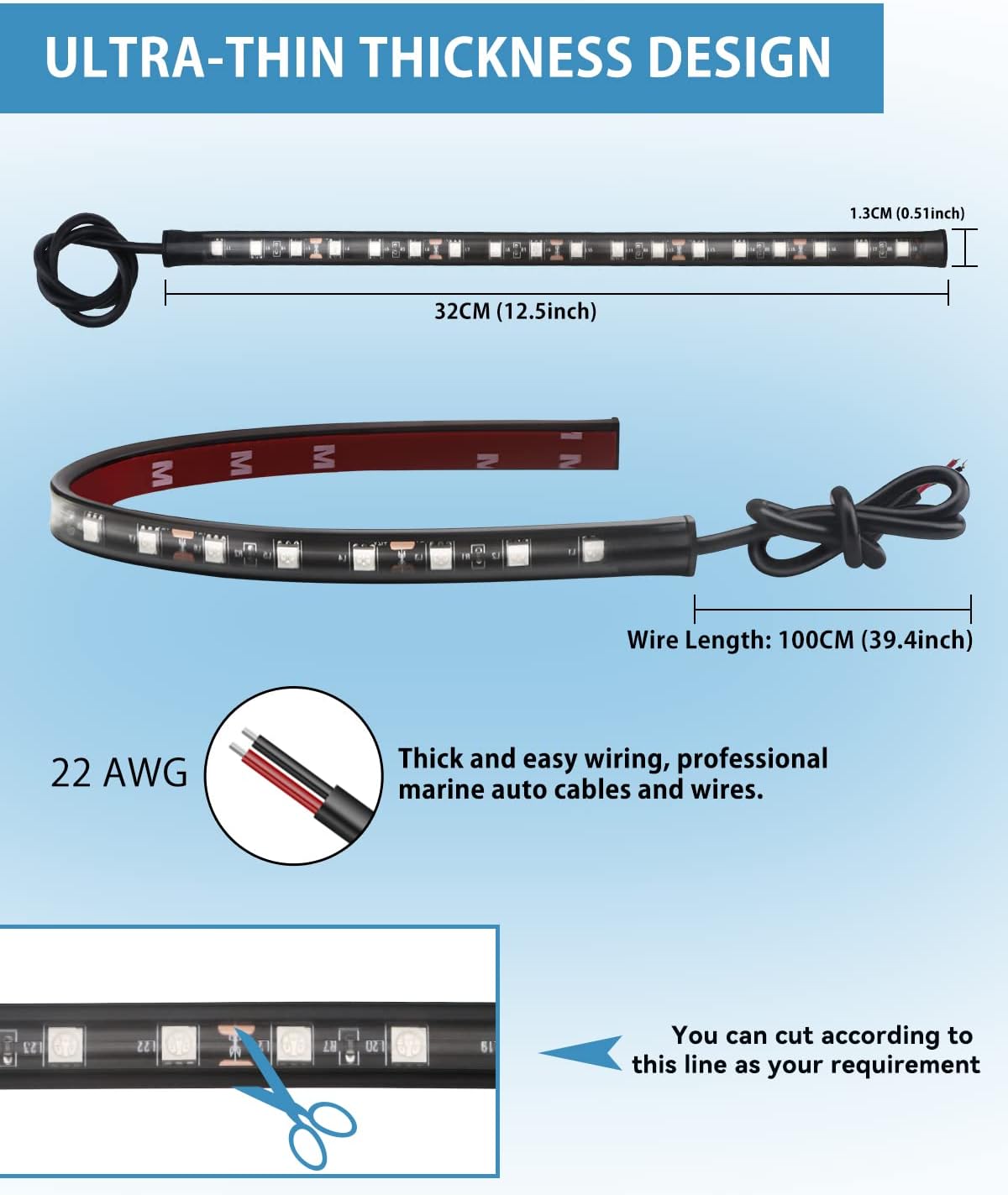 Keiurot 12V Led Light Strip 32CM Waterproof White Led Strip Lights for Cars Motorcycles Golf Cart Interior & Exterior Marine Boat 12V 5050 18SMD,Pack of 4