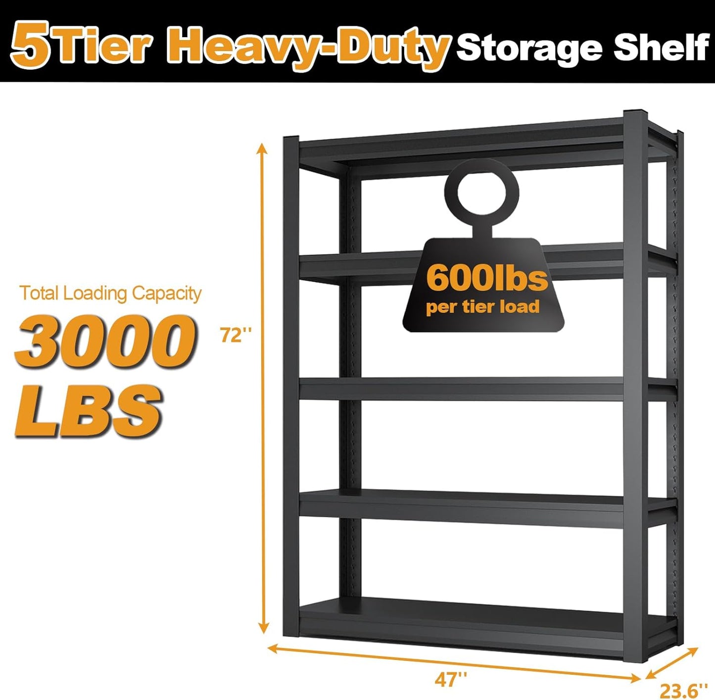 72H Metal Kitchen Storage Shelves, 3000LBS Heavy Duty Garage Shelving Unit, 5-Tier Adjustable Pantry Shelves, Food and Beverage Storage Rack, Appliance Storage Utility Shelf for Balcony - Black