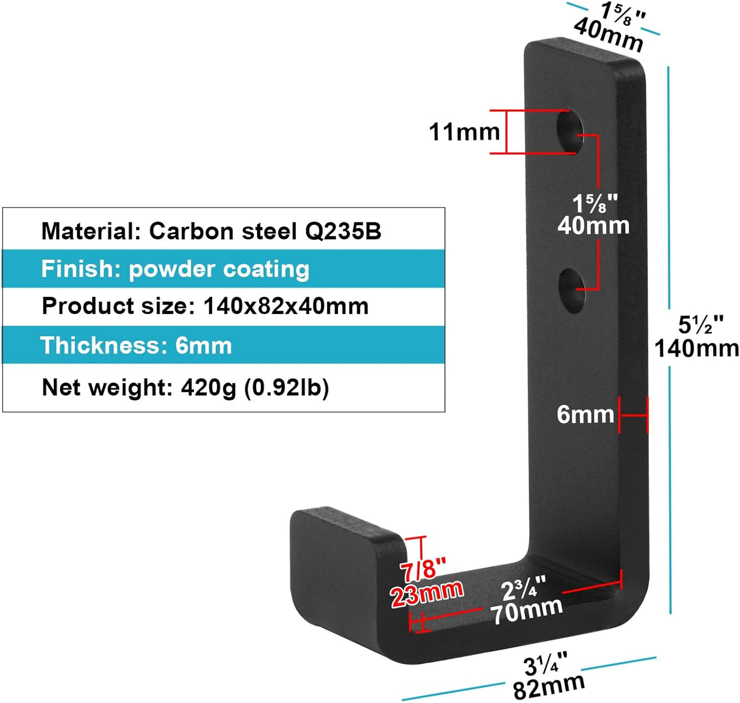 4 Pack 5-1/2" Heavy Duty Black Steel J Hook, Wall Mount Utility Hook, Load 260 lb, 1/4" Thick