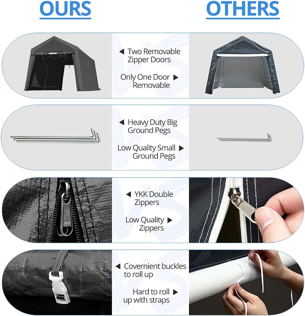 ADVANCE OUTDOOR 7x12 ft 2 Roll up Doors & Vents Outdoor Portable Storage Shelter Garage Tent Carport for Motorcycle ATV with Heavy Duty Metal Frame and Anti-UV Snow Resistant Waterproof Cover, Gray