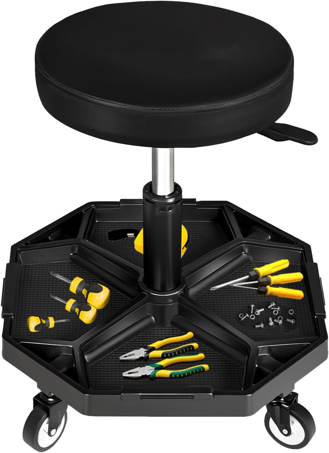 YELLOW JACKET Rolling Garage Seat with Wheels Adjustable Height Pneumatic Mechanic Stool 300Lbs Heavy Duty Shop Creeper Seat with 4 Removable Storage Tool Tray Workshop Chair for Auto Repair