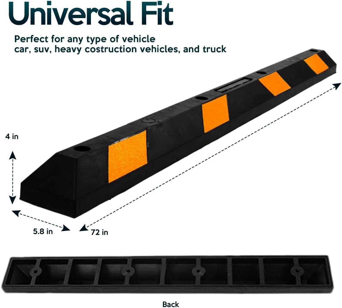 ZONETECH Large Heavy Duty Rubber Parking Curb – 72” Premium Quality Auto Garage Wheel Stopper Professional Grade w/Yellow Reflective Tape for Car, Truck, Trailer and RV (1-Pack)